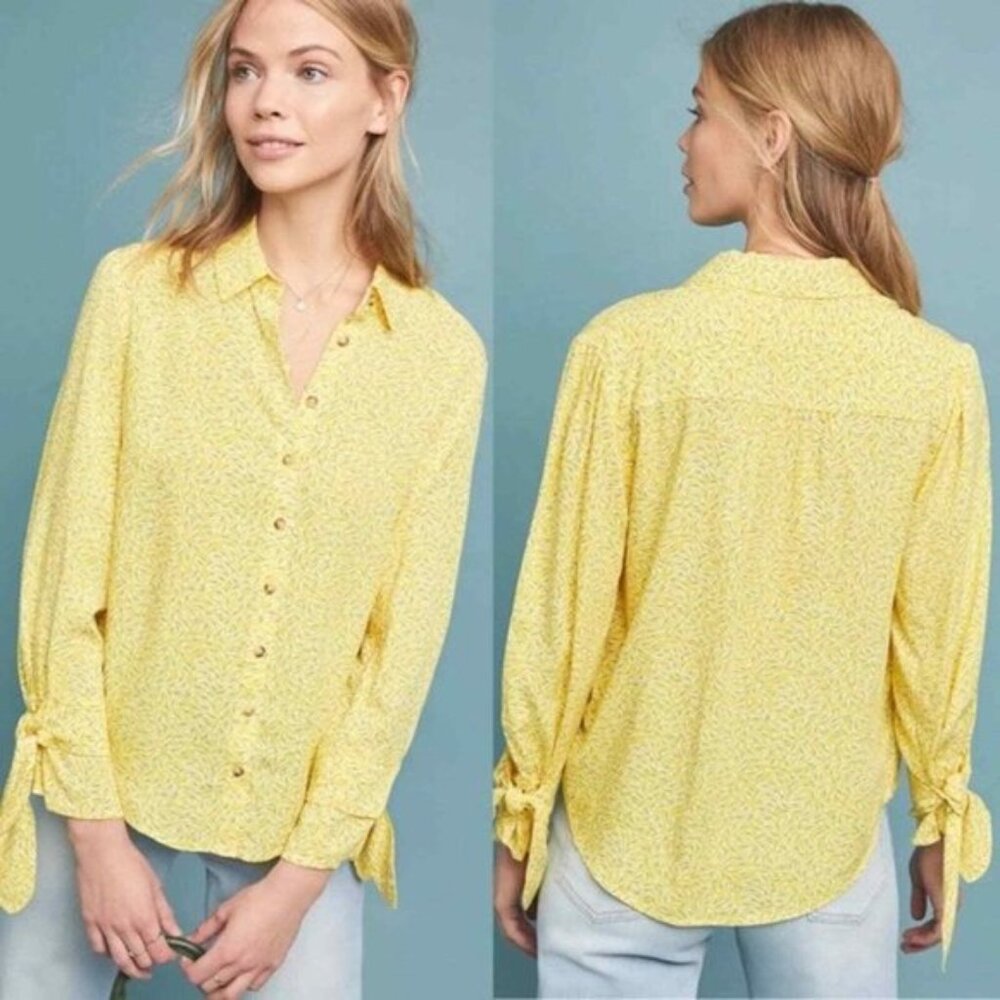 Anthropologie Maeve Blithe Long Sleeve Tie Cuff Patterned Button Up Blouse 14